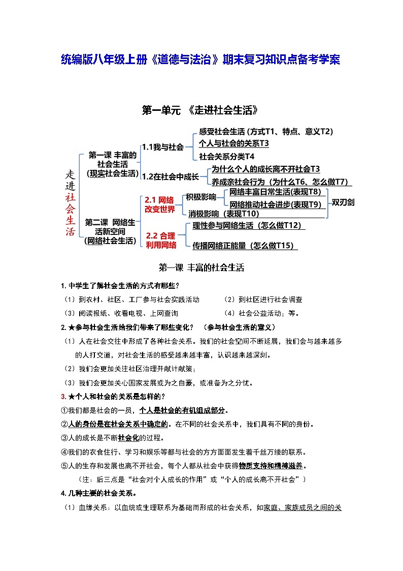 统编版八年级上册《道德与法治》期末复习知识点备考学案第1页
