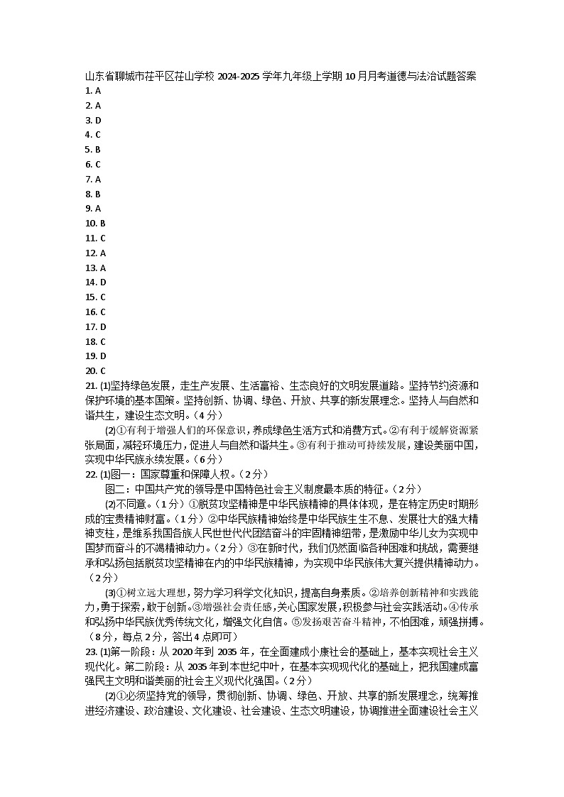 山东省聊城市茌平区茌山学校2024-2025学年九年级上学期10月月考道德与法治试题01