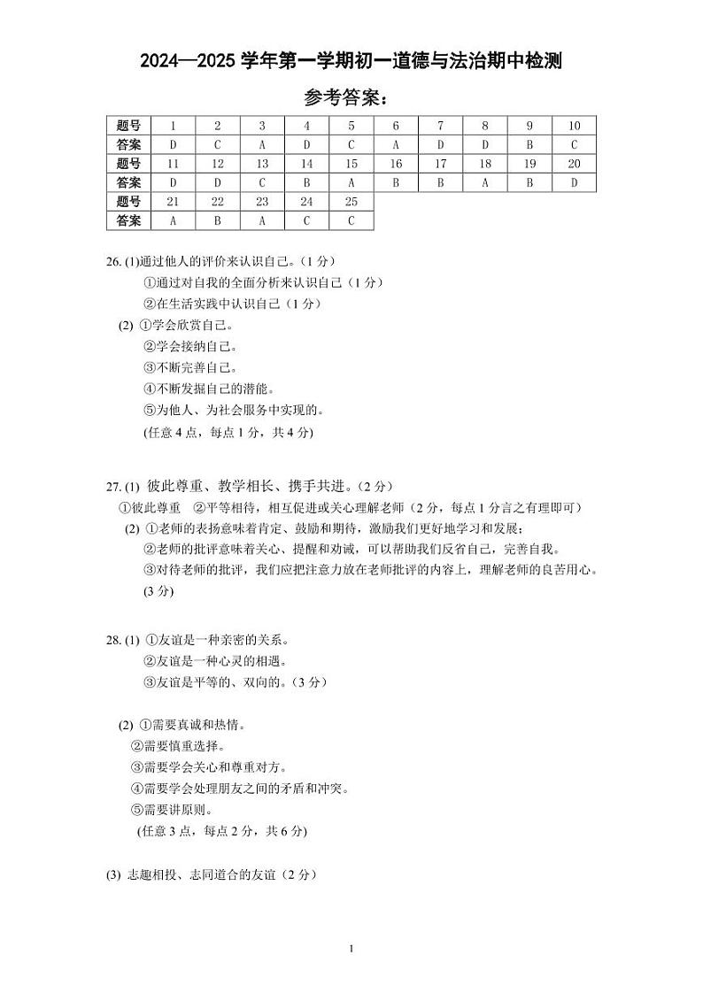 2024-2025青阳片初一道法期中答案第1页