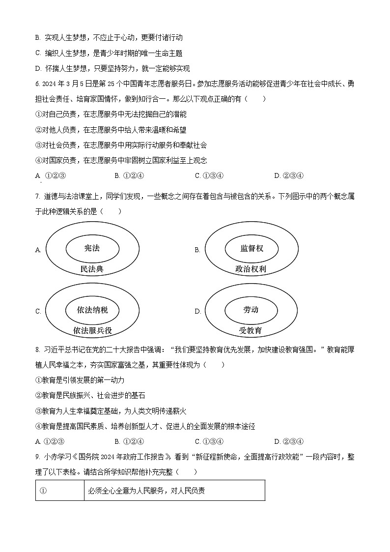 2024年内蒙古自治区赤峰市中考道法真题（原卷版）第2页