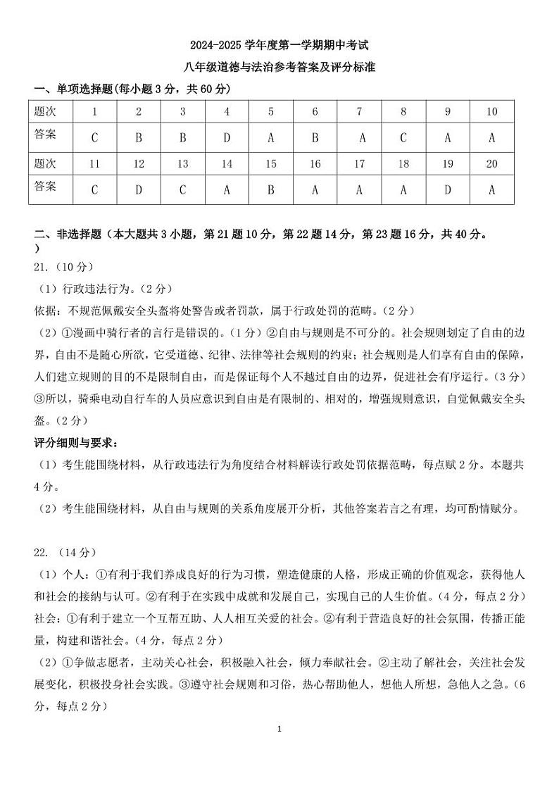 八上道法期中参考答案第1页