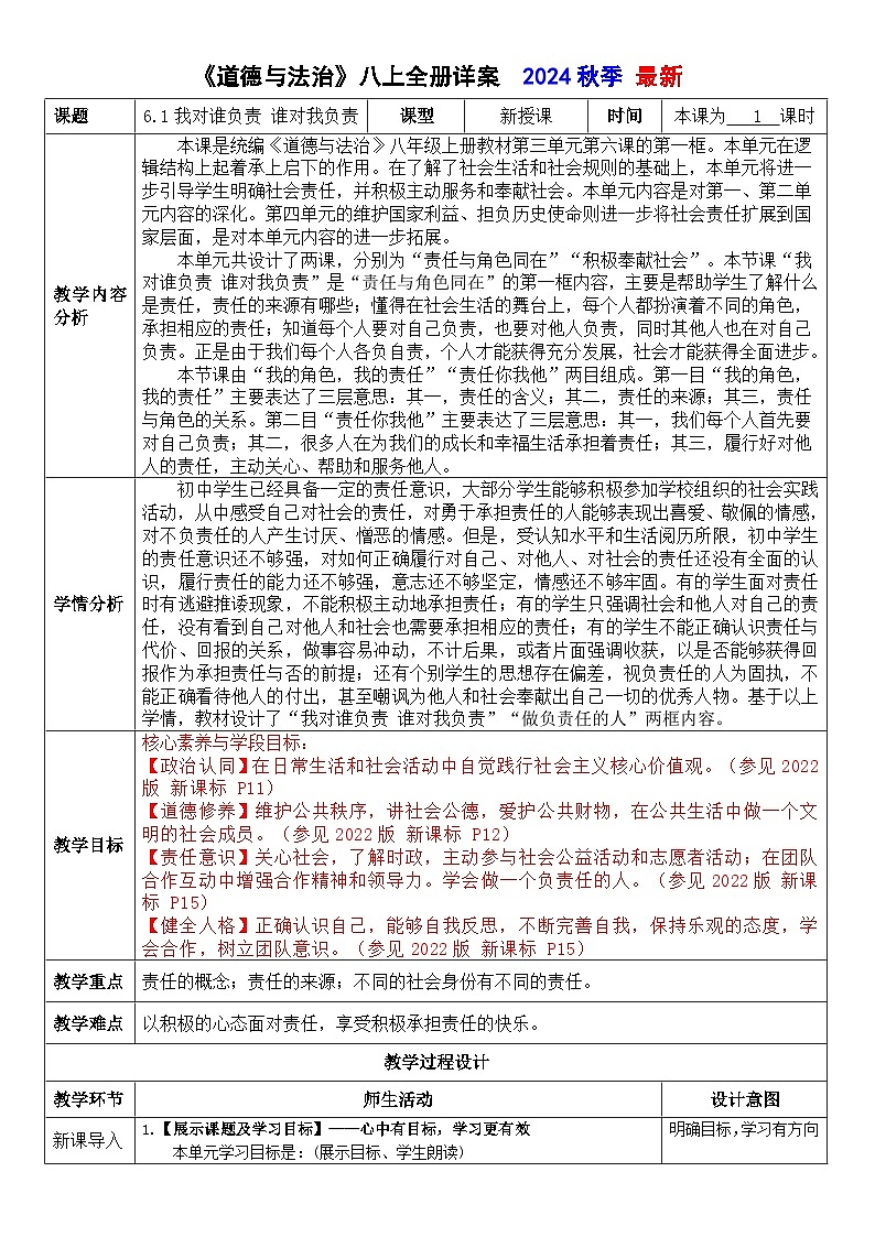 6.1 我对谁负责 谁对我负责 （教案） -2024-2025学年道德与法治八年级上册 统编版第1页