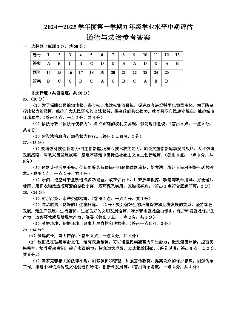 河北省唐山市古冶区2024-2025学年第一学期期中考试九年级道德与法治参考答案第1页