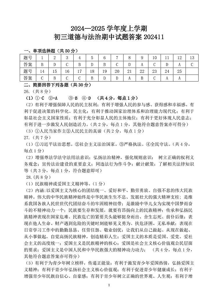 初三道德与法治答案第1页