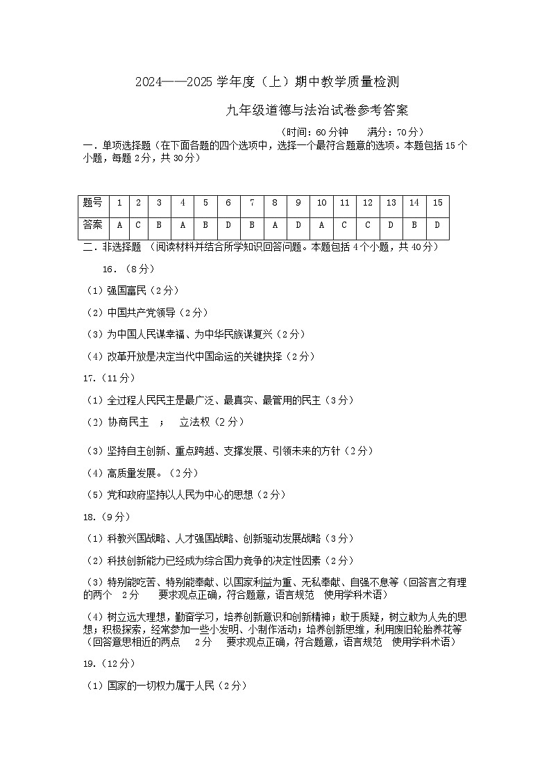 2024-2025上道法期中九年答案第1页