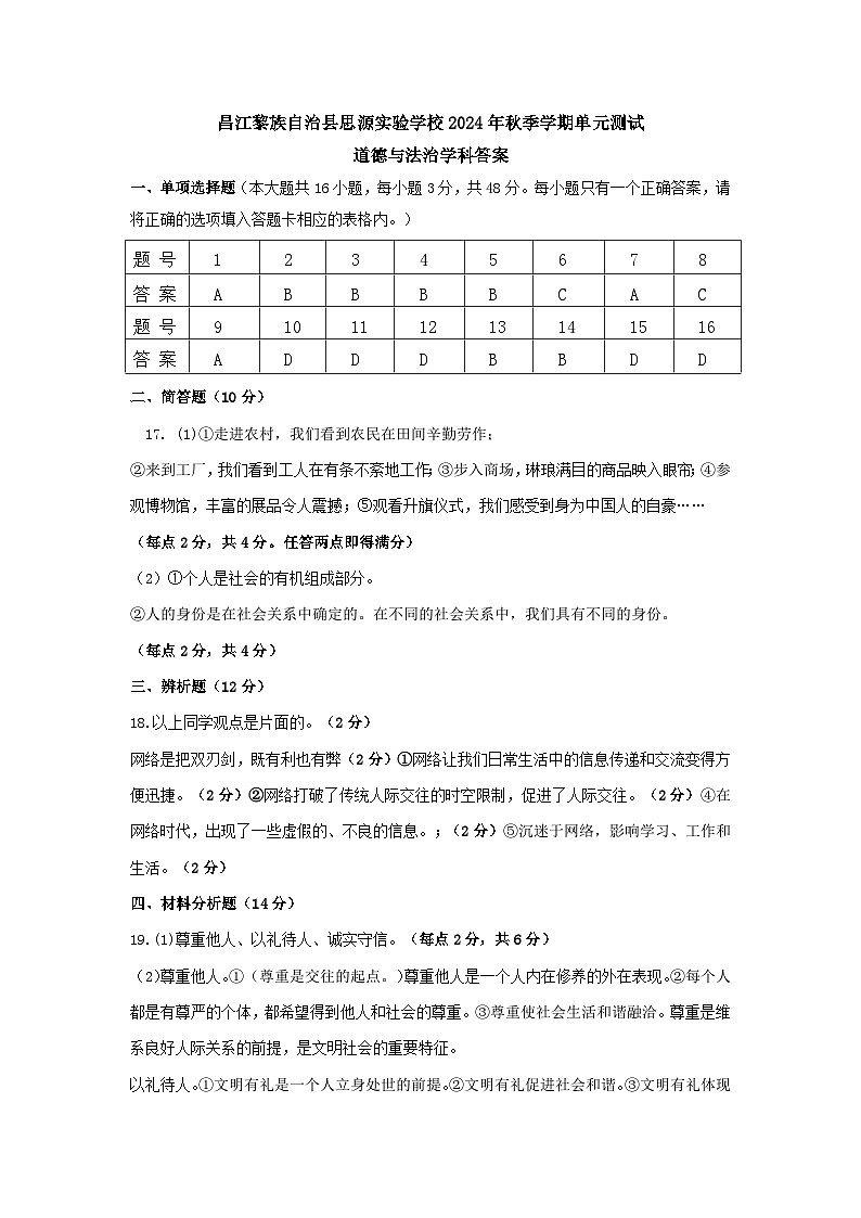 八年级（道法）学科期中考试参考答案第1页