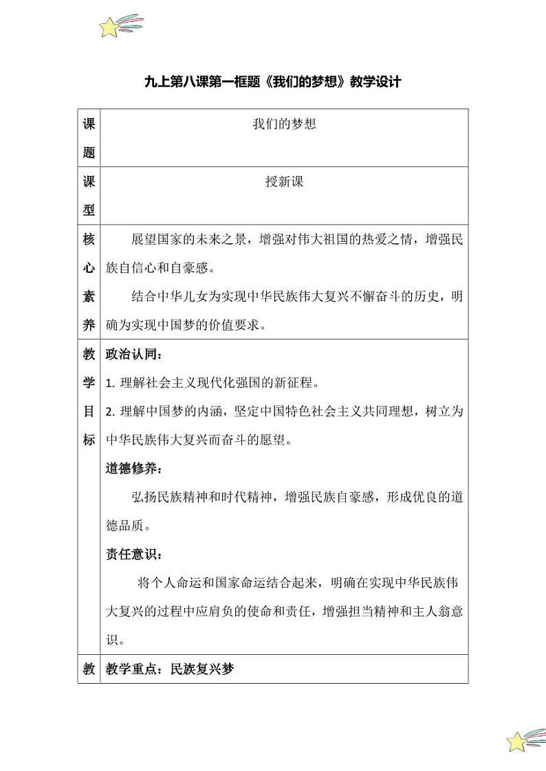 8.1 我们的梦想（教学设计）2024-2025学年九年级上册道德与法治课时通（统编版）第1页