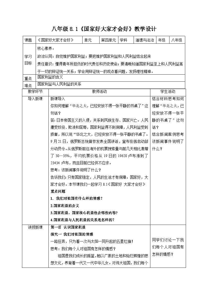 部编人教版初中道德与法治八年级上册 8.1《国家好大家才会好》教学设计第1页