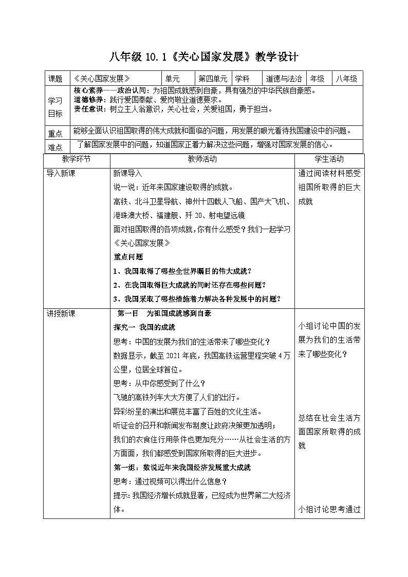 初中道德与法治八上10.1《关心国家发展》教学设计第1页