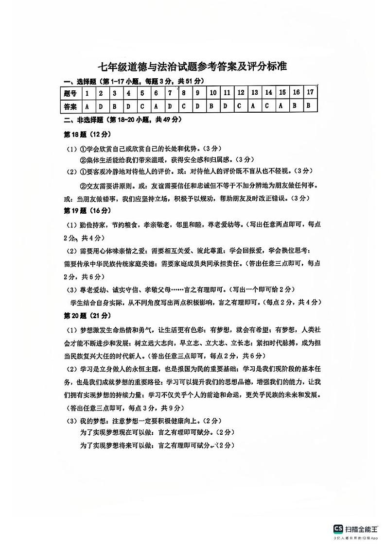 七年级道法答案第1页