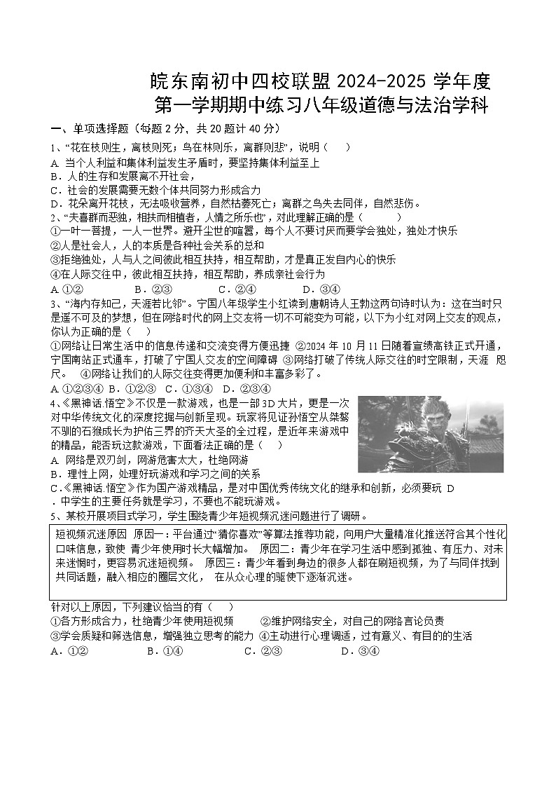 安徽省宣城市皖东南六校 2024-2025学年八年级上学期期中道德与法治试卷01