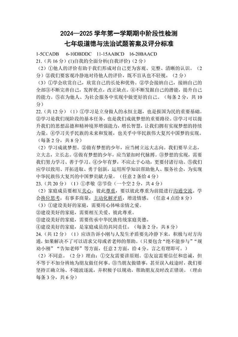 2024--2025学年第一学期期中阶段性检测七年级道德与法治试题答案及评分标准第1页