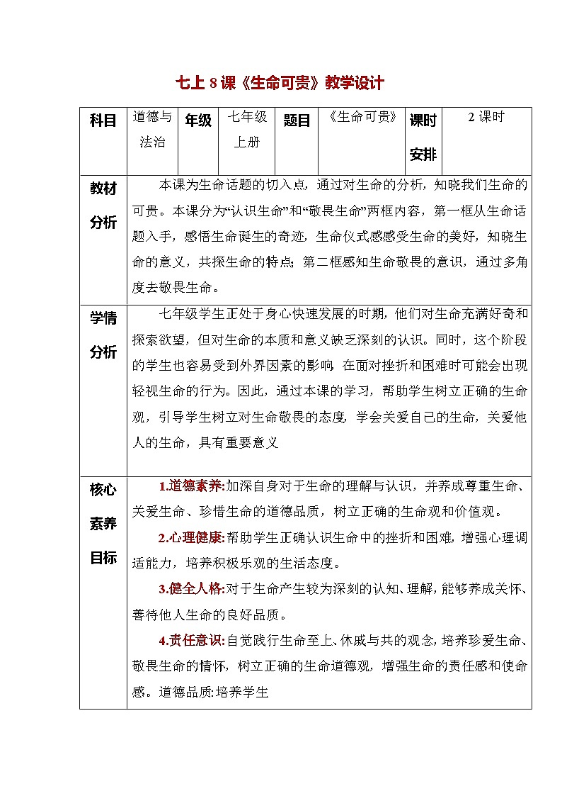 （人教版2024）七年级道德与法治上册同步第八课 生命可贵（教学设计）第1页