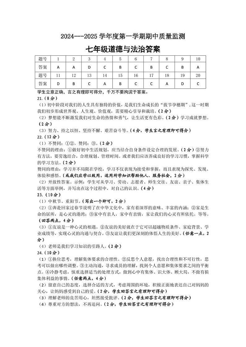 七年级期中道法答案(2)第1页