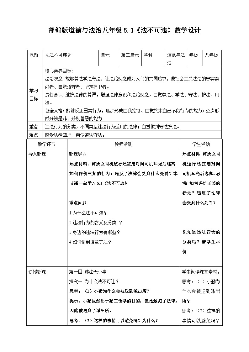 5.1《法不可违》-教学设计2024-2025学年统编版道德与法治八年级上册第1页