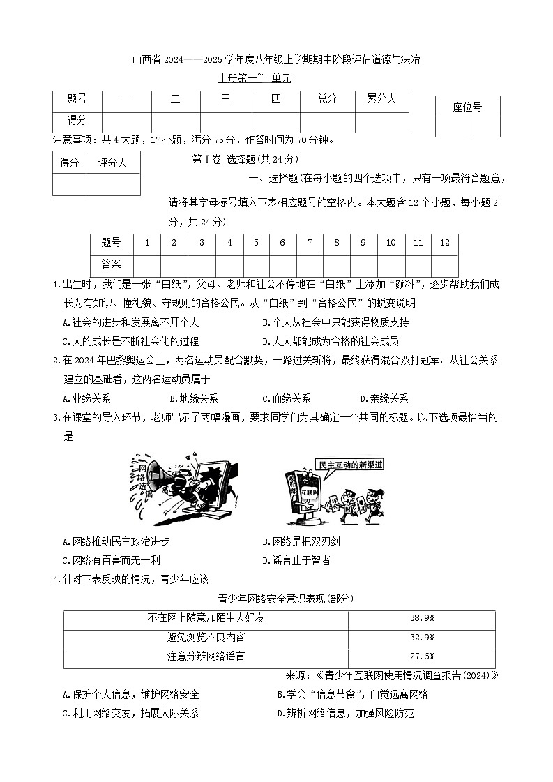 山西省晋城市部分学校2024-2025学年八年级上学期11月期中考试道德与法治试题01