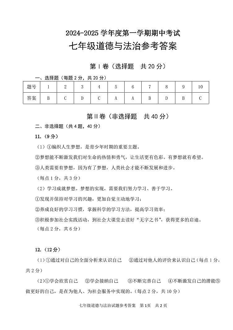 七年级道法试题参考答案第1页