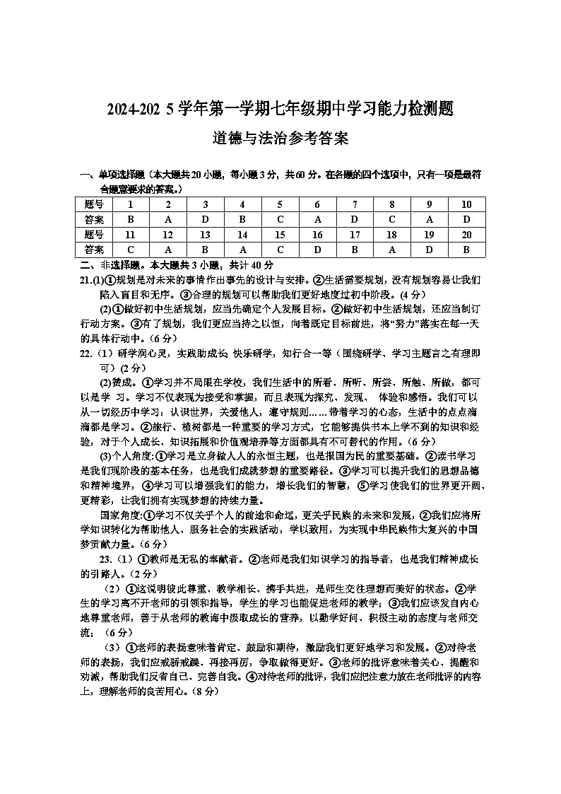 2024-2025学年第一学期七年级期中检测—道法参考答案(2)第1页