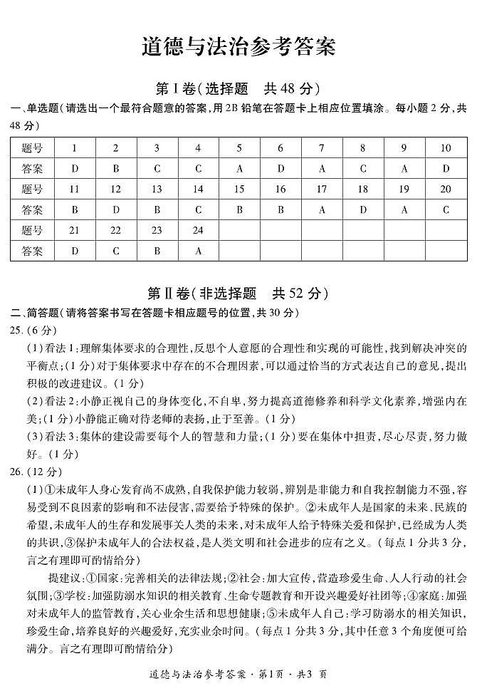 云南省玉溪市红塔区第一中学2024-2025学年上学期期中九年级道德与法治测试卷参考答案第1页