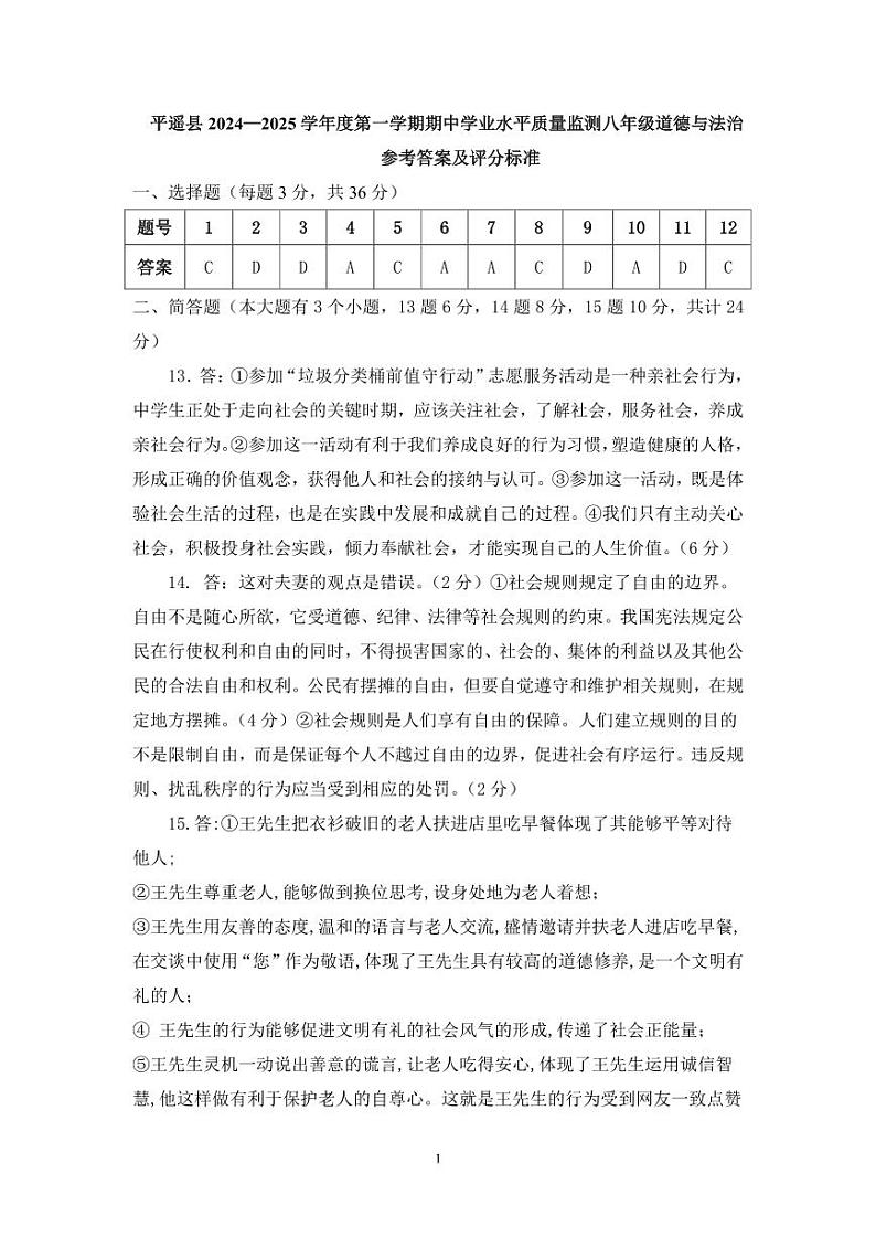 八年级道法答案第1页