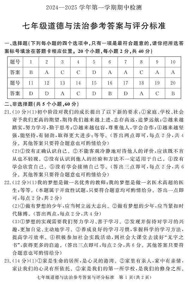 七年级道法答案第1页