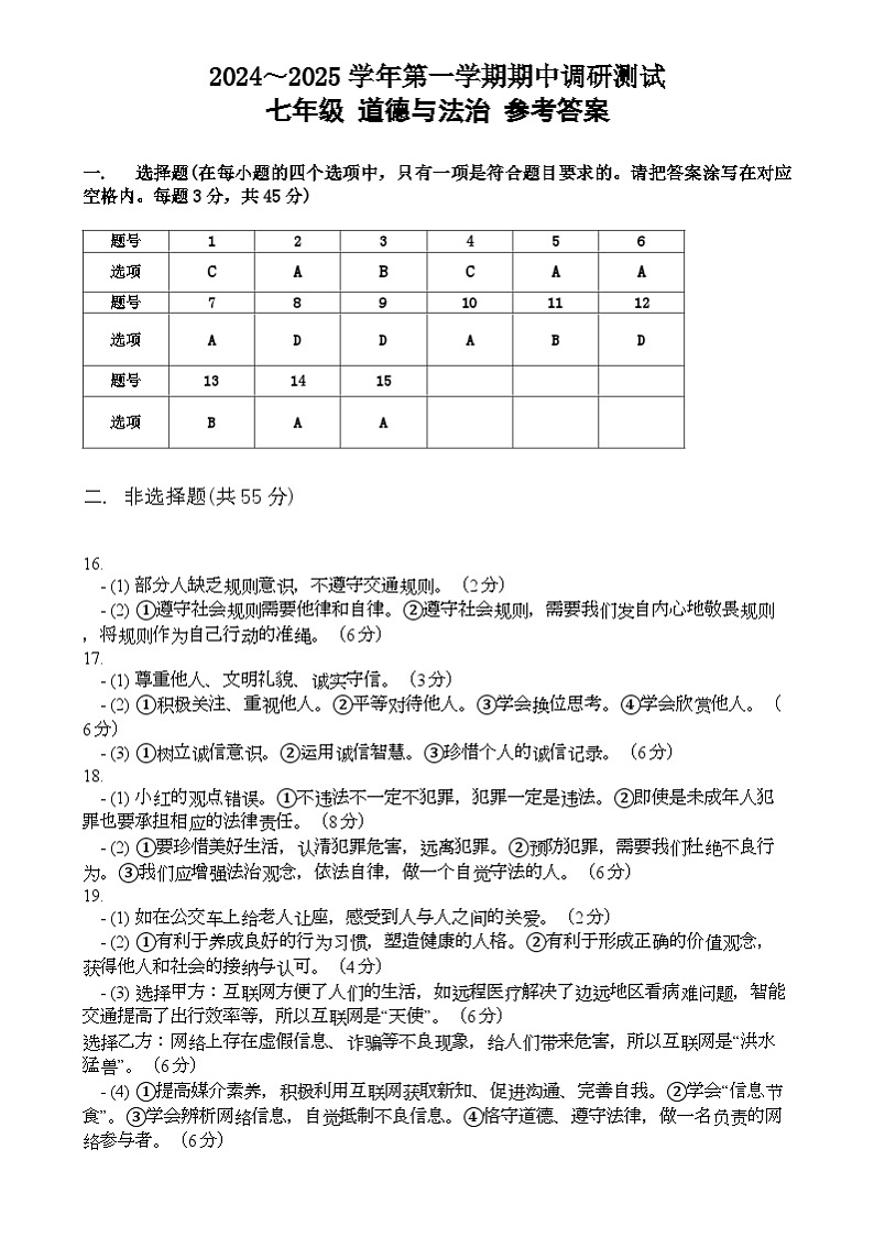 山东省枣庄市市中区2024-2025学年八年级上学期11月期中道德与法治试题答案第1页