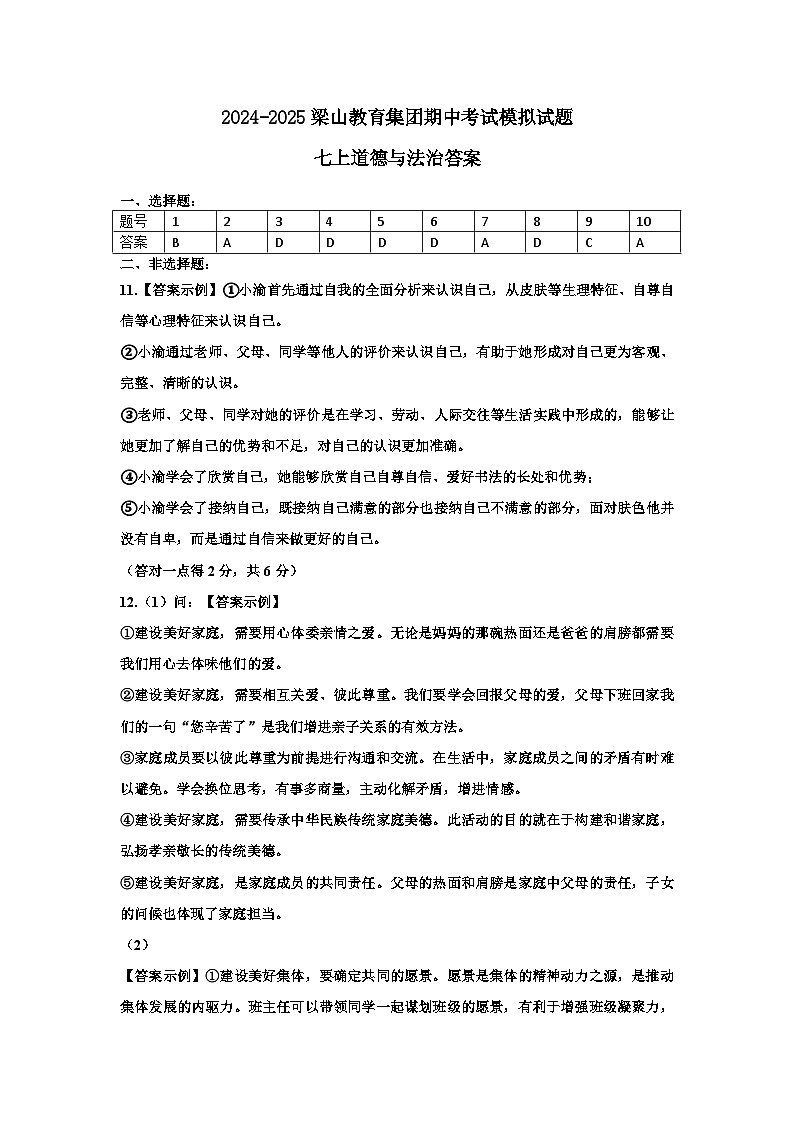 2024-2025七年级梁山集团期中答案第1页