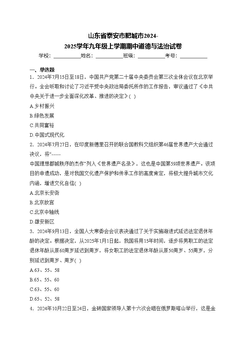 山东省泰安市肥城市2024-2025学年九年级上学期期中道德与法治试卷(含答案)第1页