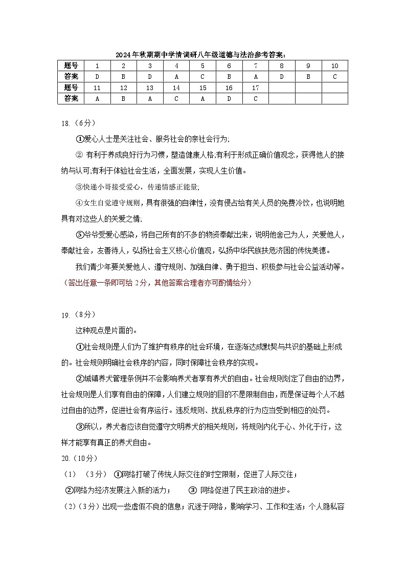 河南省南阳市桐柏县2024年秋期期中八年级道德与法治参考答案第1页