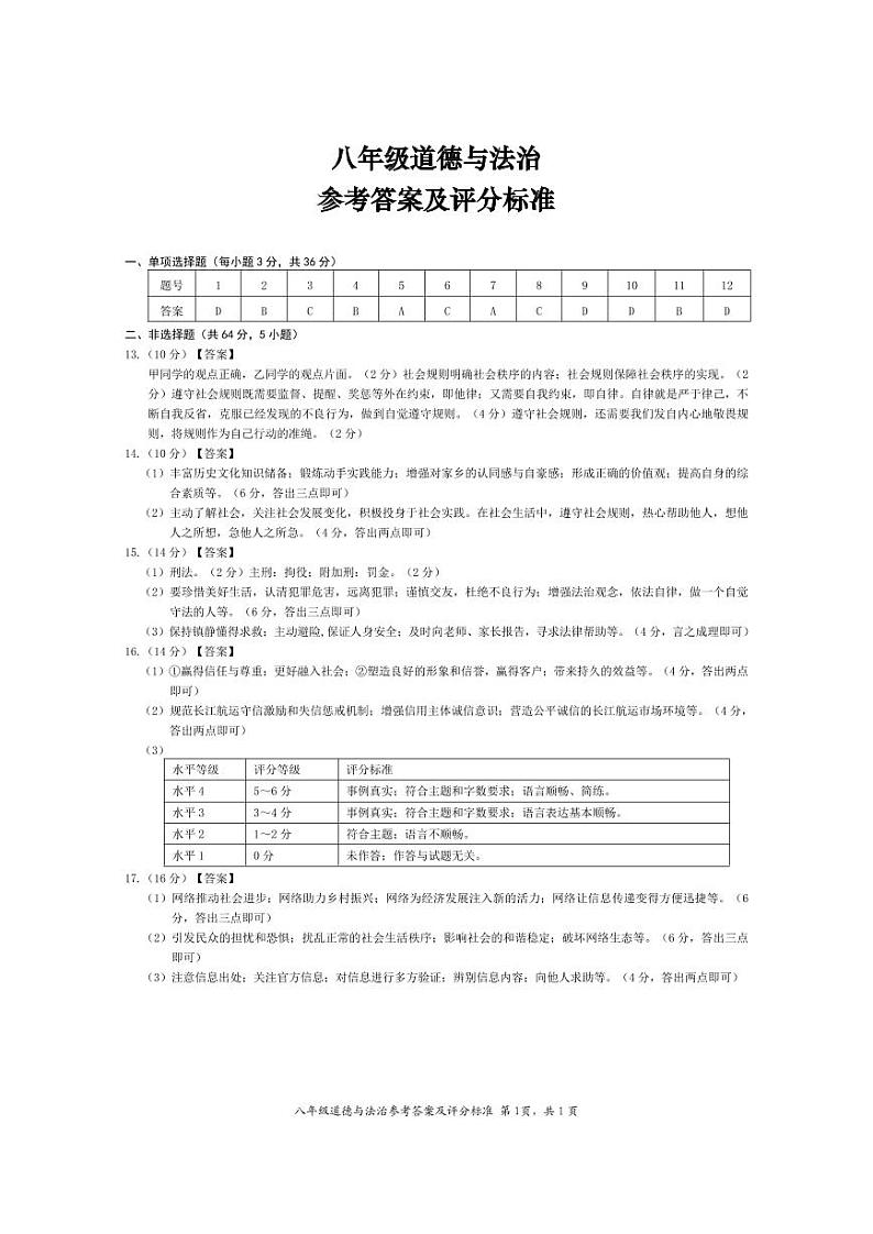 八年级月考二道德与法治答案第1页