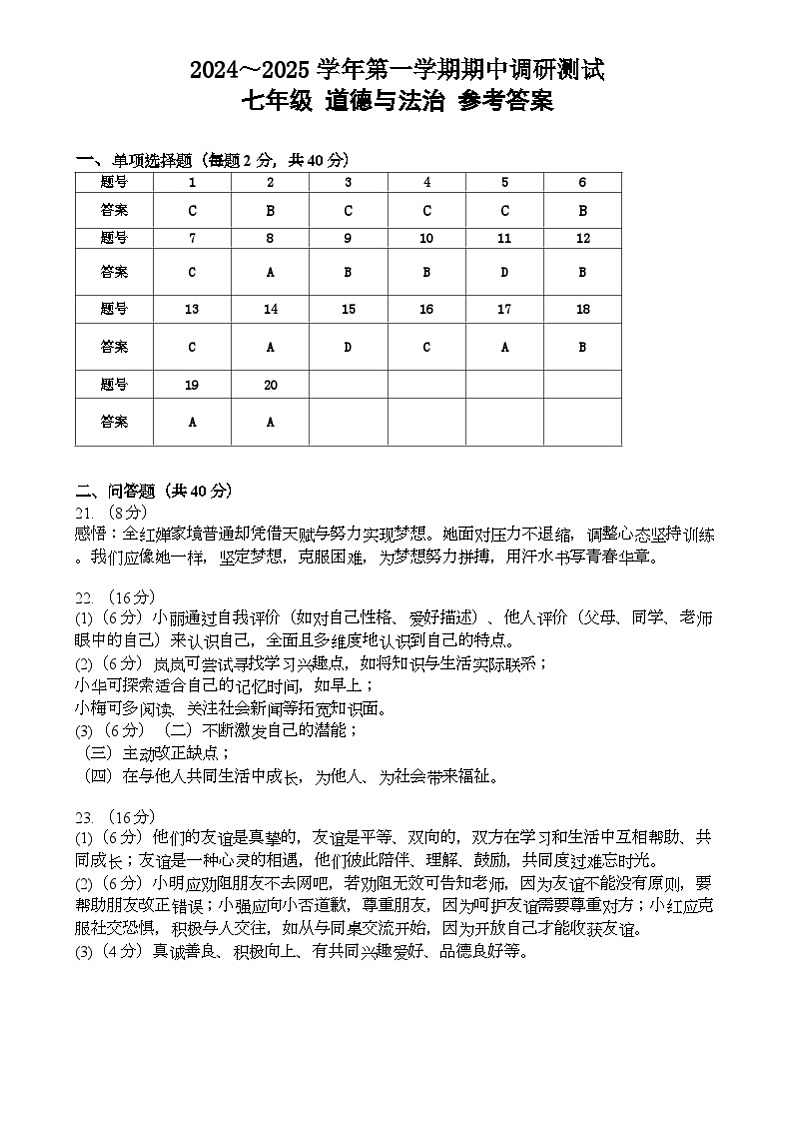 山东省青岛市即墨区2024-2025学年七年级上学期期中考试道德与法治试题答案第1页