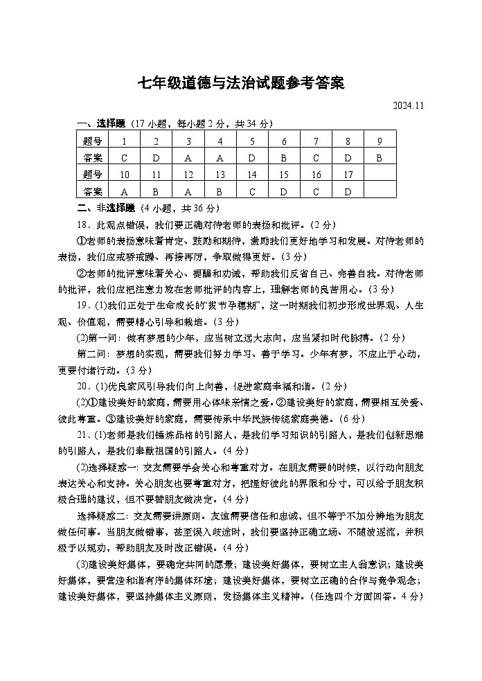 七年级道德与法治参考答案第1页
