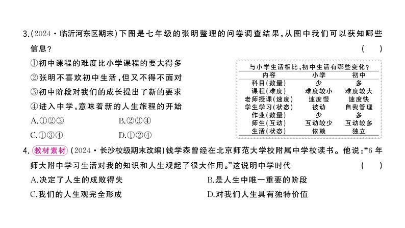 初中道德与法治新人教版七年级上册第一单元第一课《开启初中生活》作业课件（共2课时）（2024秋）第5页