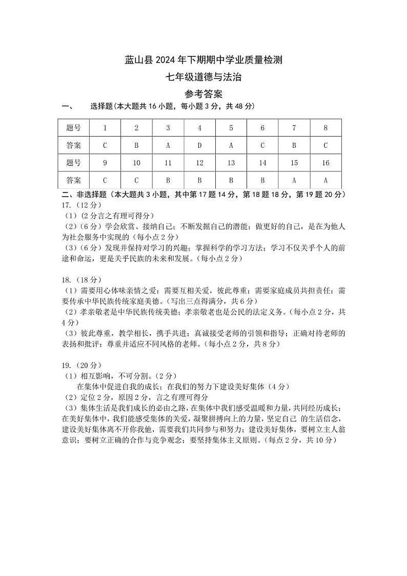 七年级道德与法治参考答案第1页