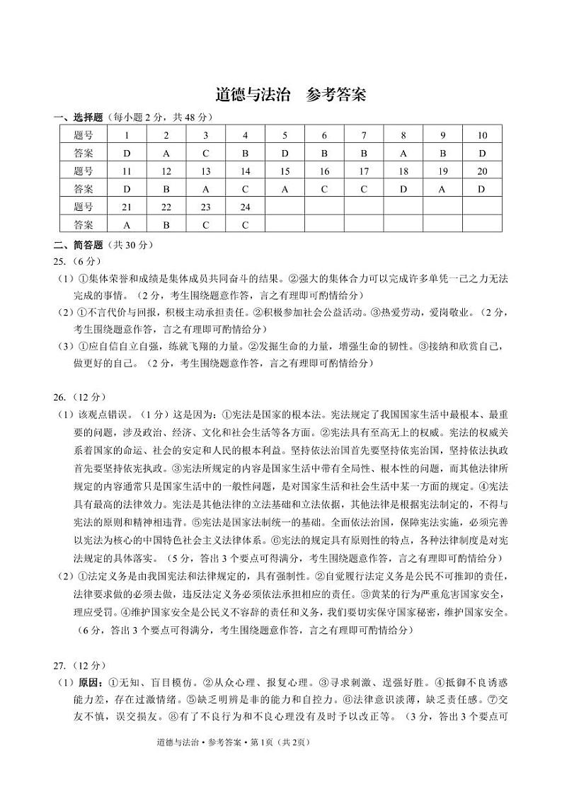 2024-2025学年上学期九年级期中考试道德与法治试题卷答案第1页