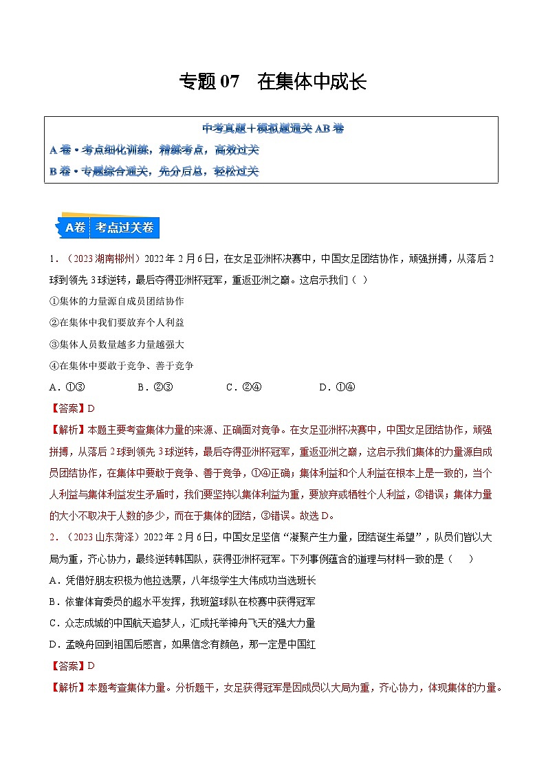 2025年中考道德与法治一轮复习考点通关练习专题07 在集体中成长（解析版）01