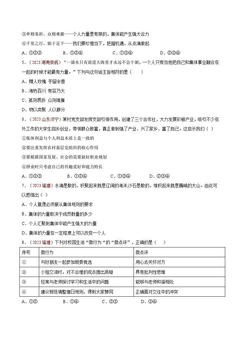 2025年中考道德与法治一轮复习考点通关练习专题07 在集体中成长（解析版）02