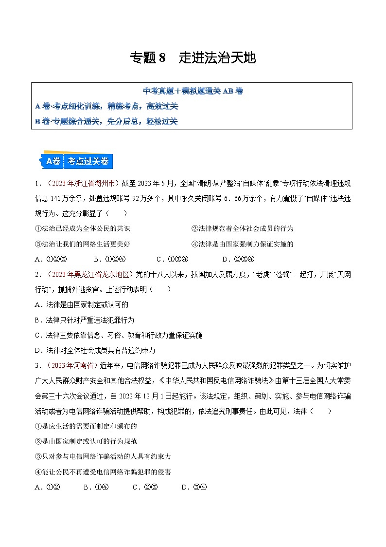 2025年中考道德与法治一轮复习考点通关练习专题08 走进法治天地（原卷版）第1页