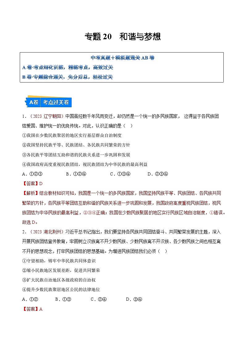 2025年中考道德与法治一轮复习考点通关练习专题20  和谐与梦想（解析版）第1页