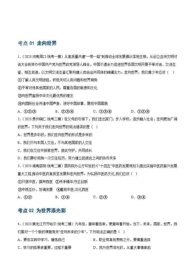 2025年中考道德与法治一轮复习考点练习专题07 走向未来的少年（练习）（原卷版）第2页