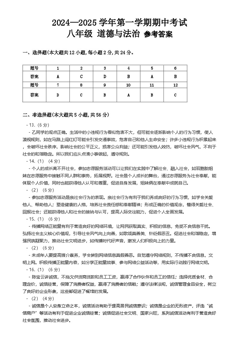 安徽省阜阳市 2024-2025学年八年级上学期期中道德与法治试题01