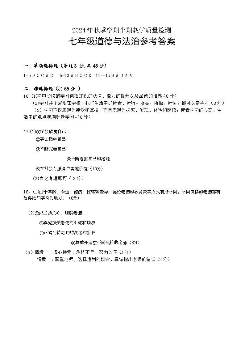 贵州省毕节市金沙县第四中学2024-2025学年第一学期七年级半期考试道德与法治参考答案第1页