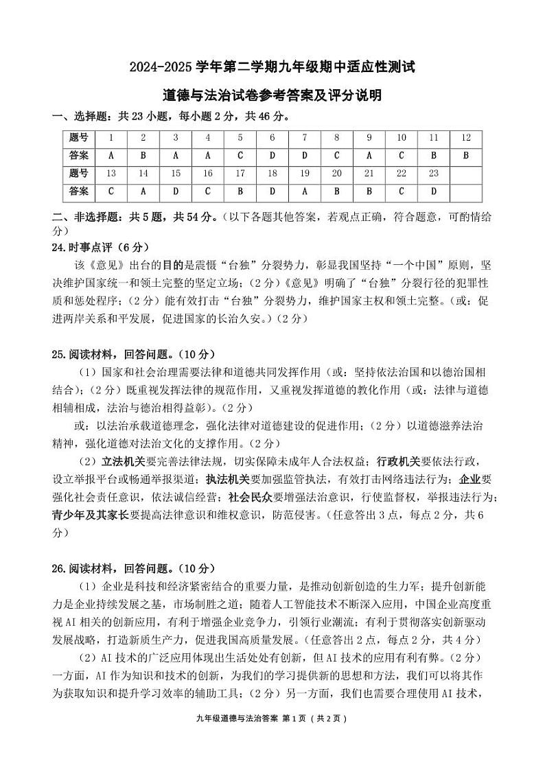 政治九年级期中考参考答案11.2第1页
