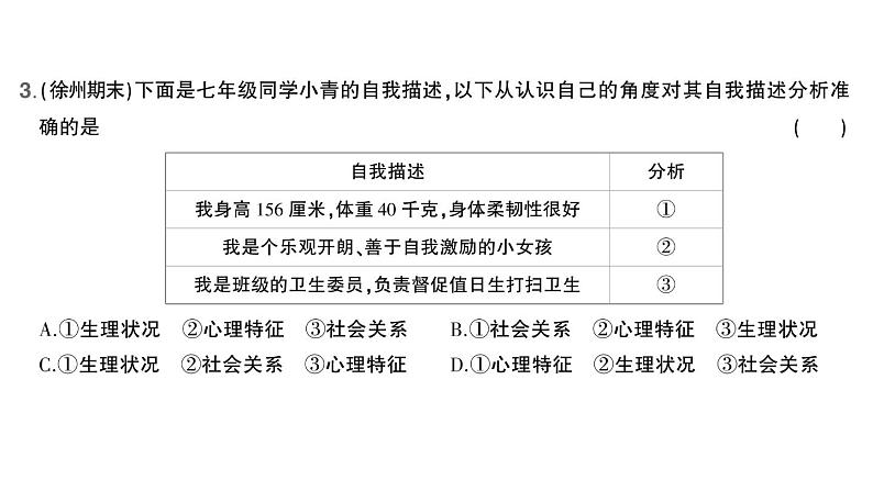 初中道德与法治新人教版七年级上册第一单元第二课第一课时 认识自己作业课件2024秋第4页