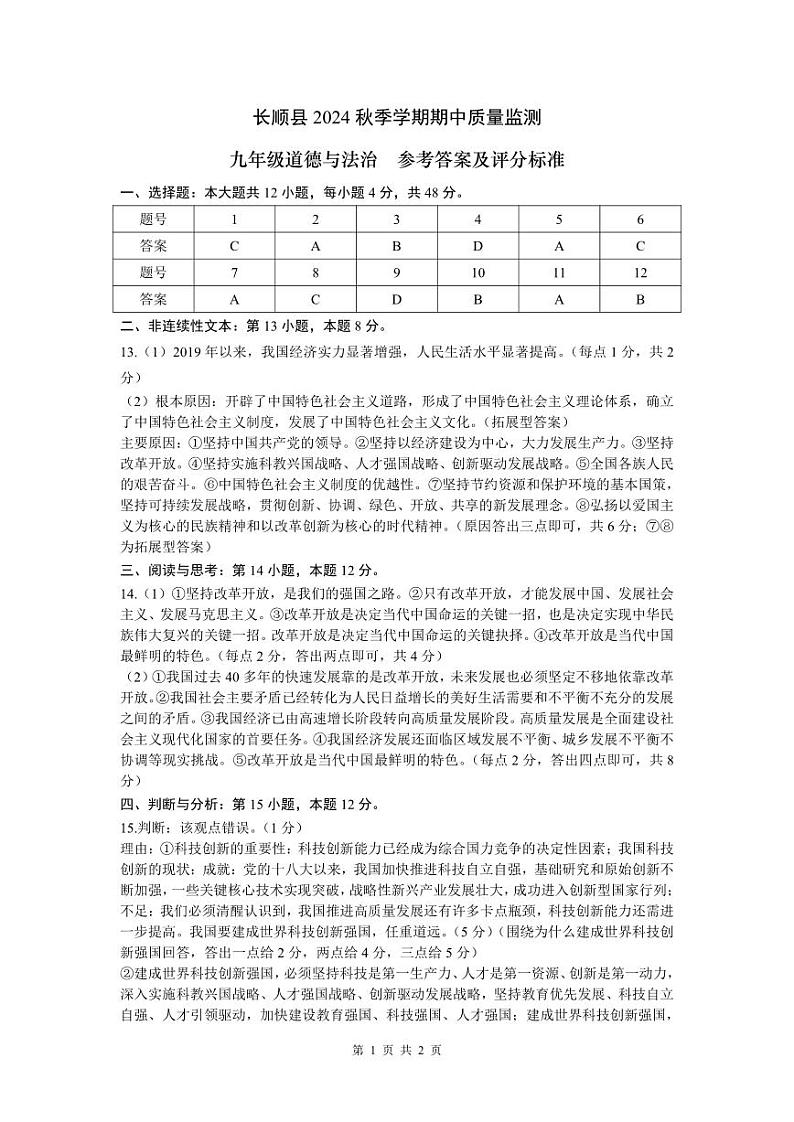 长顺县2024秋季学期期中质量监测-九年级道德与法治-参考答案第1页