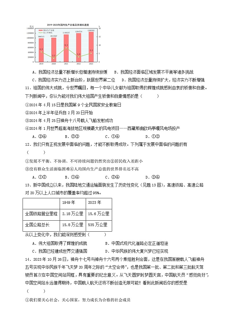 （统编版）2024-2025学年八年级道德与法治上册单元同步分层练习10.1关心国家发展第3页