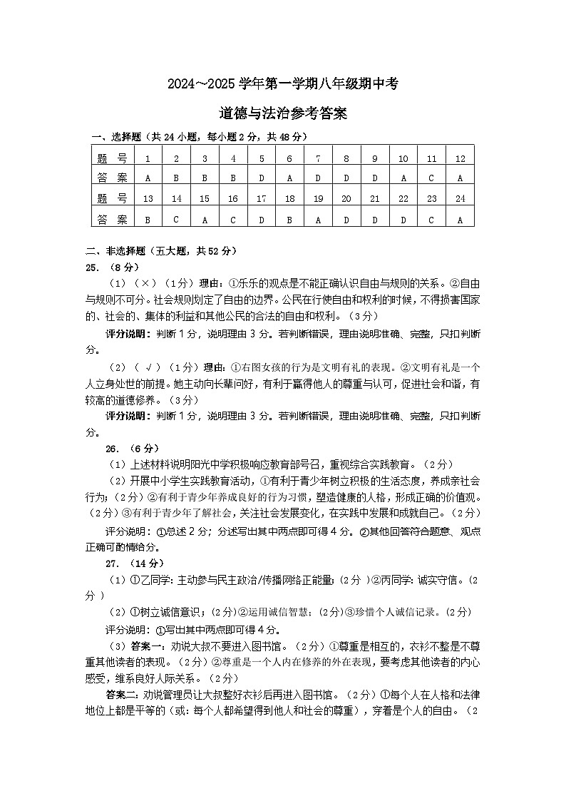 2024-2025学年第一学期8年级道德与法治期中考答案第1页
