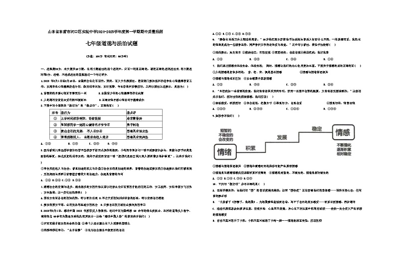 山东省东营市河口区实验中学2024-2025学年七年级上学期期中考试道德与法治试题第1页
