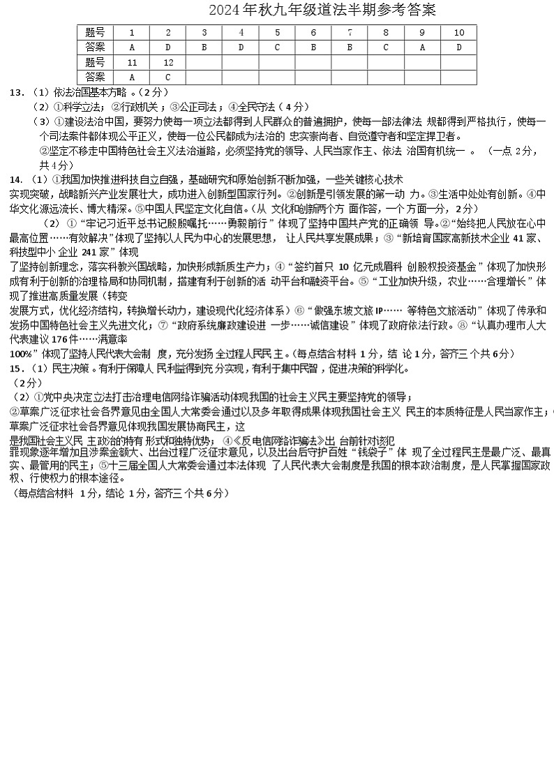 2024年秋半期九年级道法答案第1页