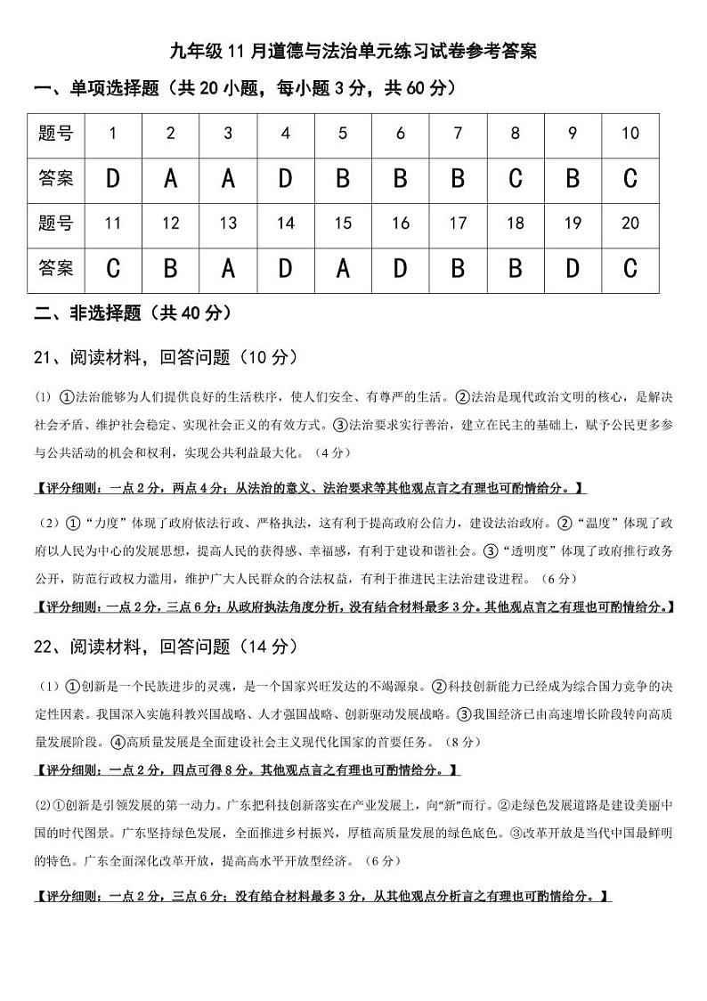 11月道德与法治练习试卷答案第1页